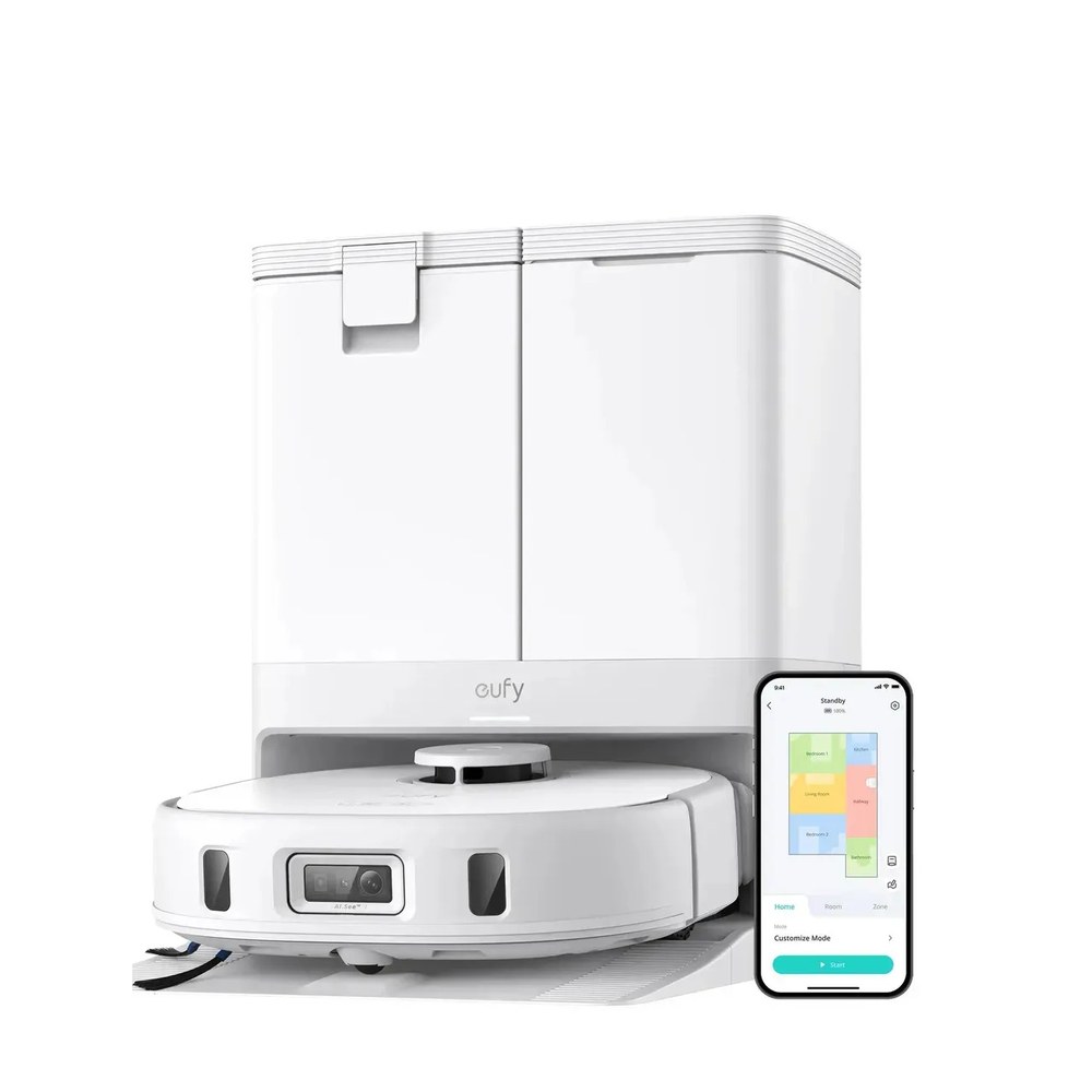 Aspiradora robot Eufy X10 Pro Omni blanca con su estación todo en uno