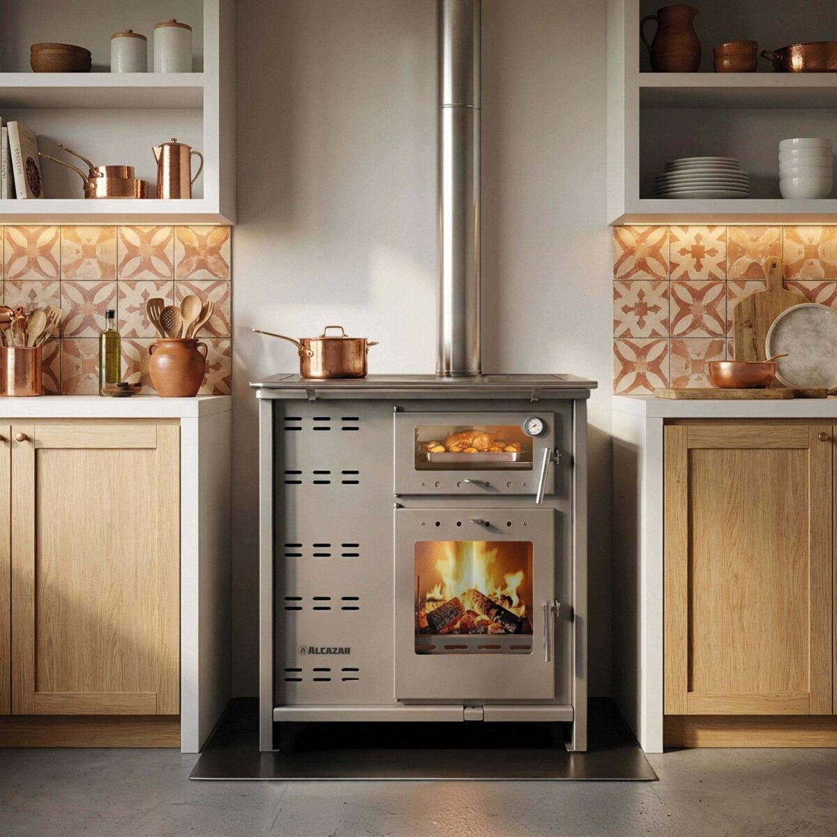 Cocina policombustible Alcazar Puyehue XL a leña o pellet con horno