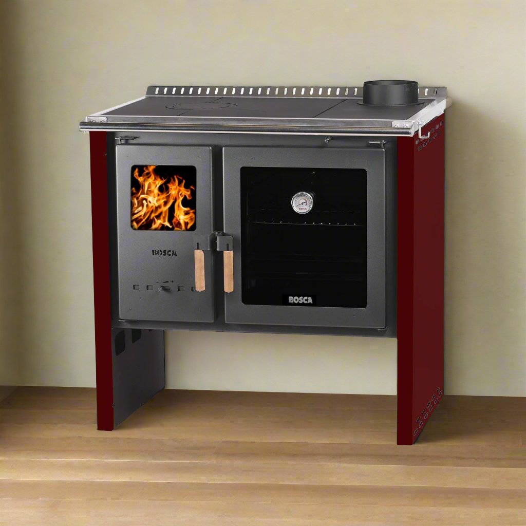 Cocina a leña Bosca Hestia 90 burdeo con horno de 67 litros