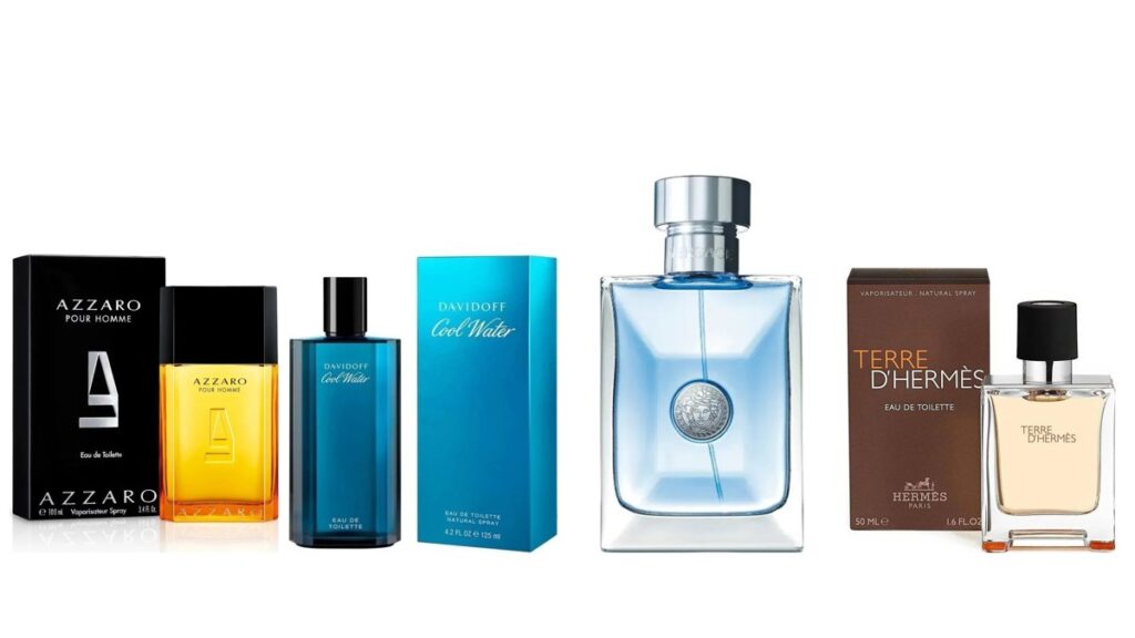 Cuatro perfumes clásicos para hombres mayores de 60 años: Azzaro Pour Homme, Davidoff Cool Water, Versace Pour Homme y Terre d’Hermès